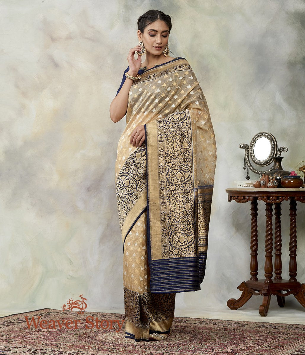 Handwoven_Beige_Gold_Kora_Saree_with_Contrast_Border_and_Pallu_WeaverStory_02