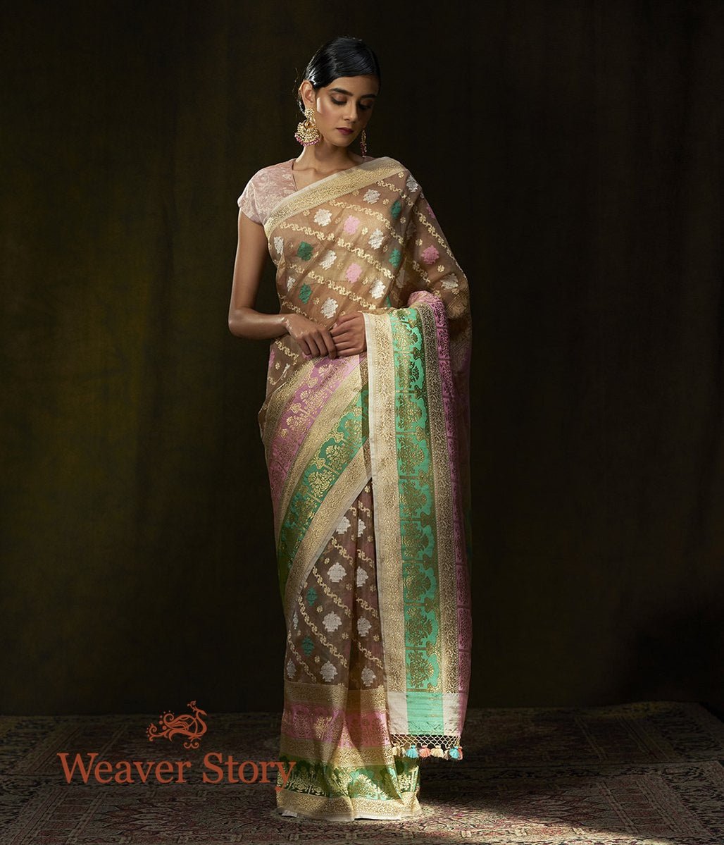 Handwoven_Beige_Kora_Silk_Saree_with_Pink_and_Green_Border_WeaverStory_02