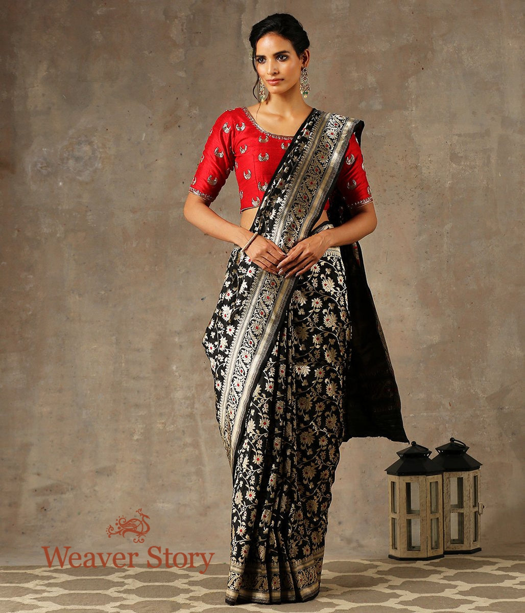 Handloom_Black_Cutwork_Banarasi_Saree_with_Meenakari_and_Jangla_Design_and_Brocade_Blouse_WeaverStory_02