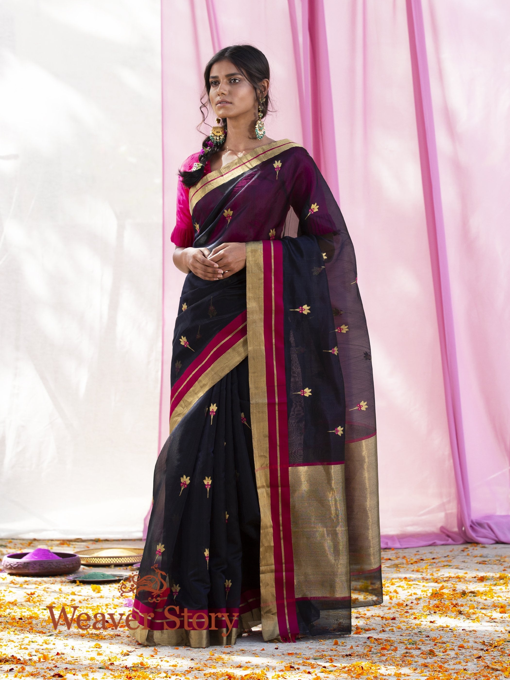 Handwoven_Blue_Chanderi_Silk_Saree_with_Small_Meenakari_Flowers_WeaverStory_02