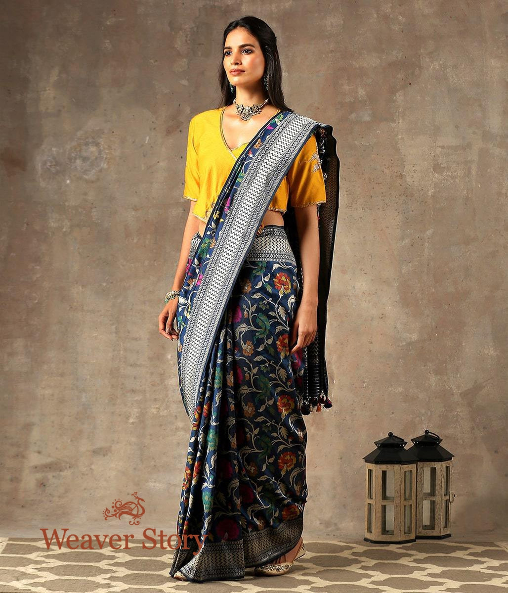 Handwoven_Blue_Banarasi_Jangla_Saree_with_all_over_Floral_Jaal_WeaverStory_02