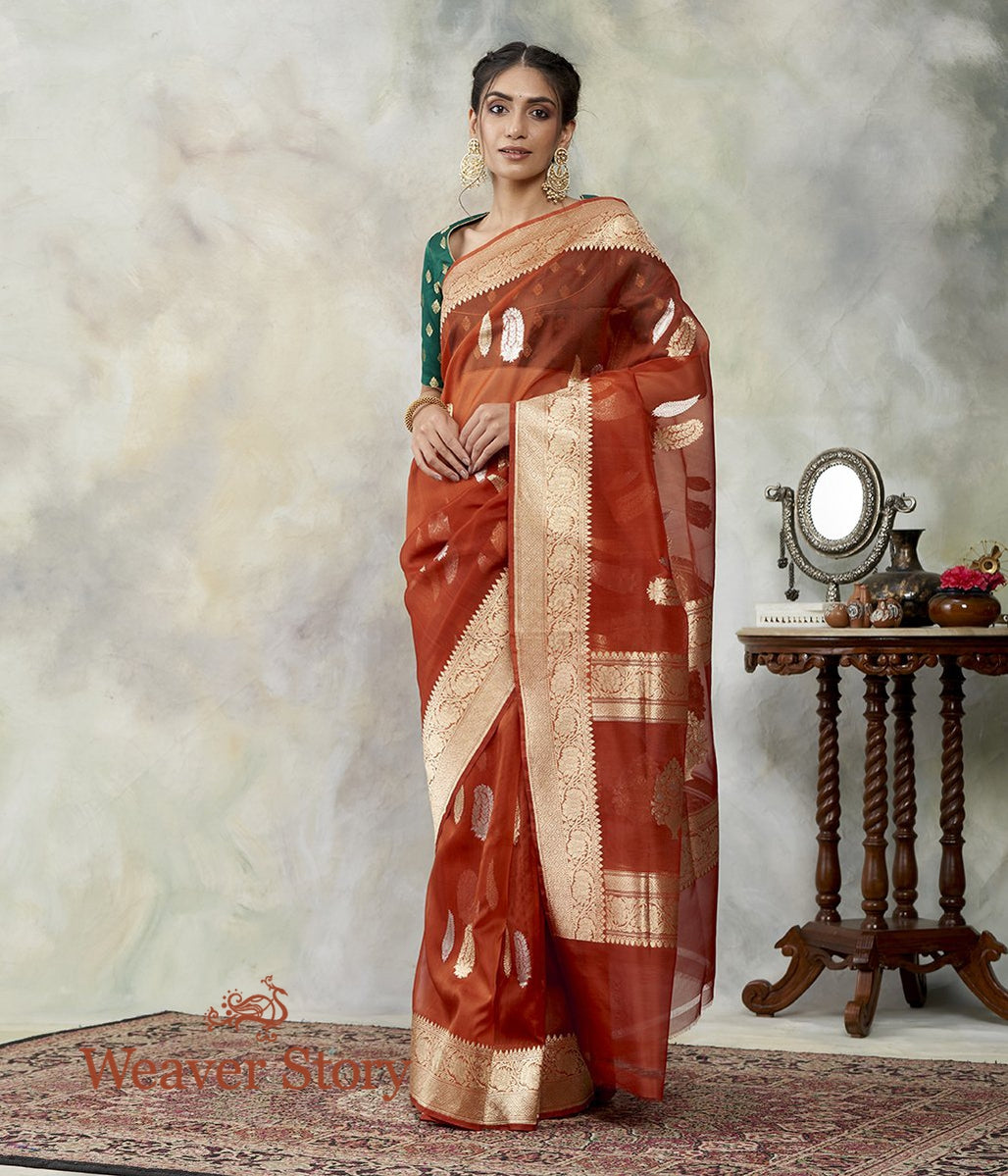 Handloom_Brick_Red_Kora_Silk_Saree_With_Kadhwa_Booti_WeaverStory_02