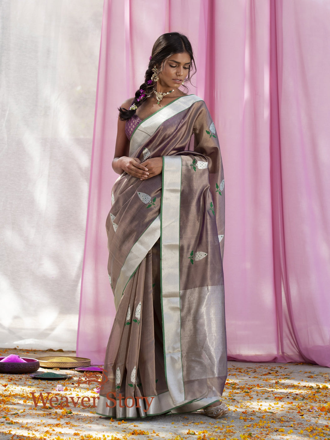 Handwoven_Brown_Chanderi_Silk_Saree_with_Silver_Zari_WeaverStory_02