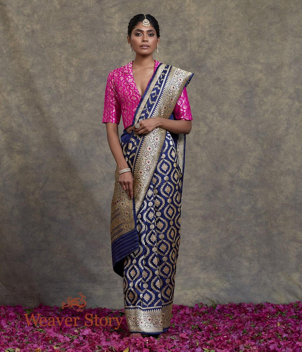 Handwoven_Dark_Blue_Fine_Zari_Katan_Jangla_Saree_WeaverStory_02