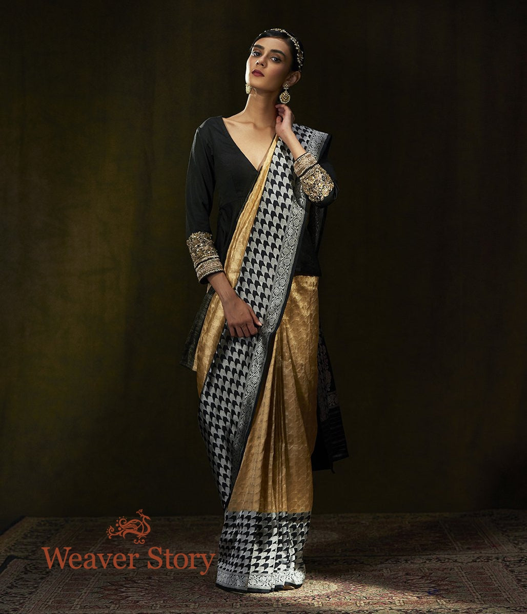 Handwoven_Gold_Silk_Tissue_Banarasi_with_Chevrons_and_Black_Border_WeaverStory_02