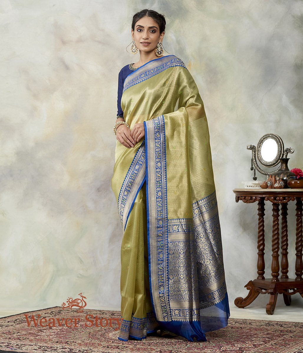Handwoven_Green_Kora_Tanchoi_Saree_with_Royal_Blue_Border_WeaverStory_02