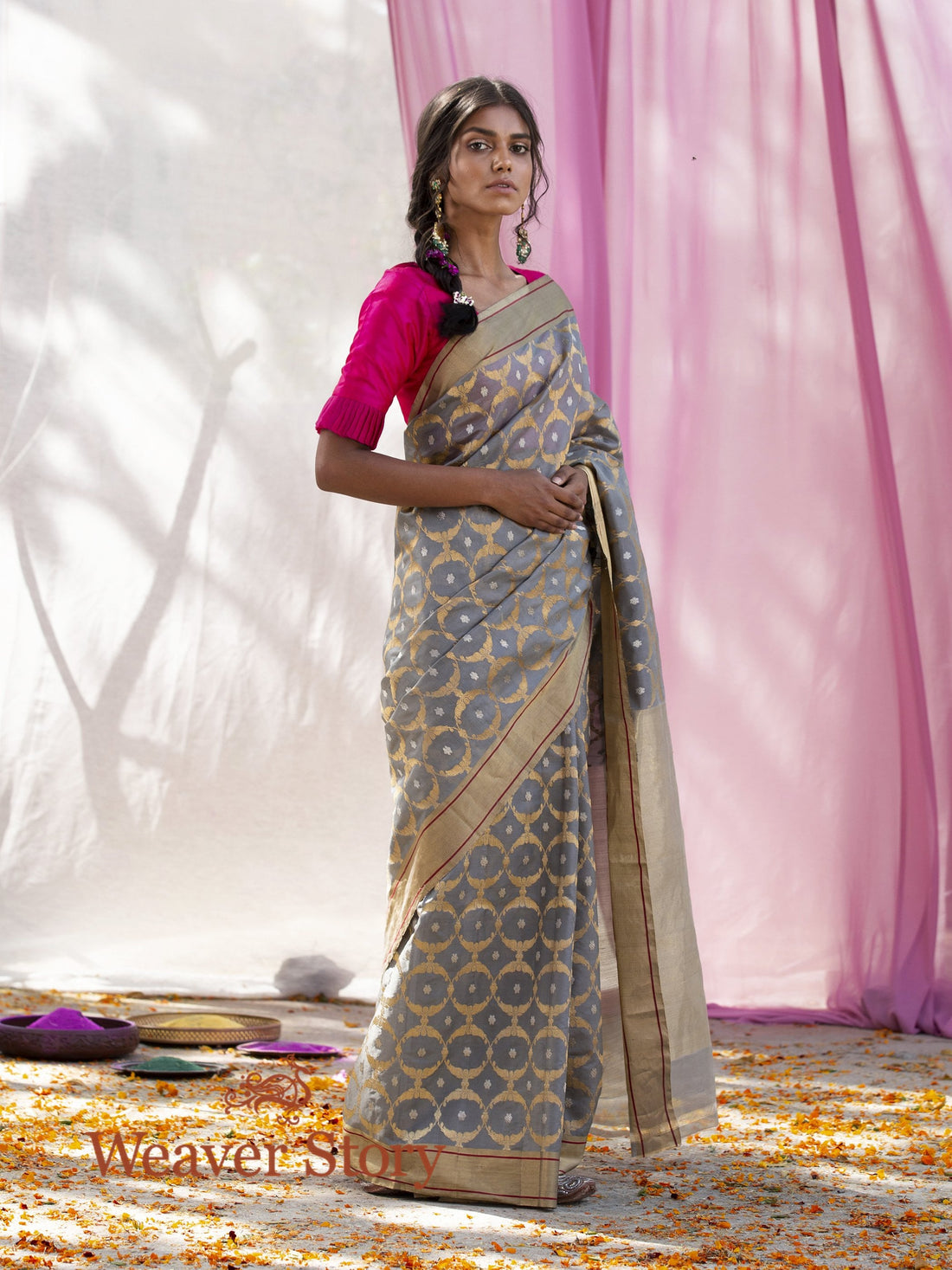 Handwoven_Grey_Chanderi_Silk_Sareee_with_Gold_and_Silver_Zari_Jaal_WeaverStory_02