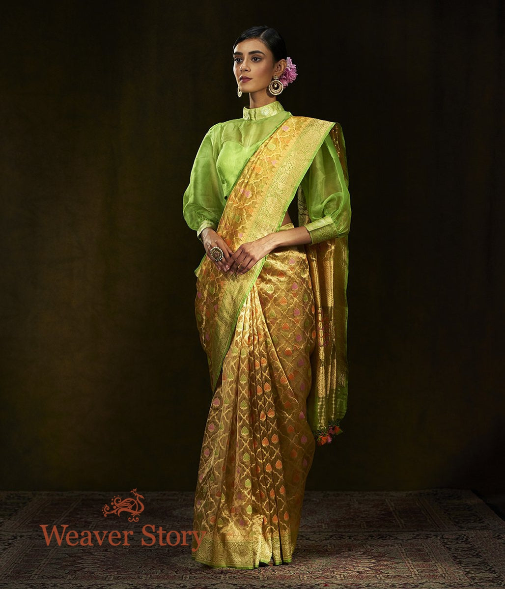 Handwoven_Light_Yellow_Kora_Tissue_Saree_with_Lime_Green_Border_WeaverStory_02