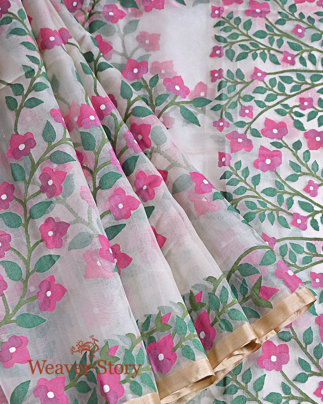 Handwoven_White_All_Over_Green_and_Pink_Jaal_Dhakai_Jamdani_Saree_WeaverStory_02