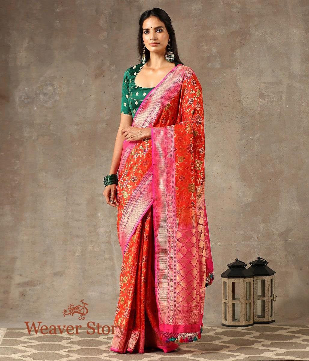 Handwoven_Orange_Banarasi_Patola_Saree_with_Pink_Contrast_Border_and_Pallu_WeaverStory_02