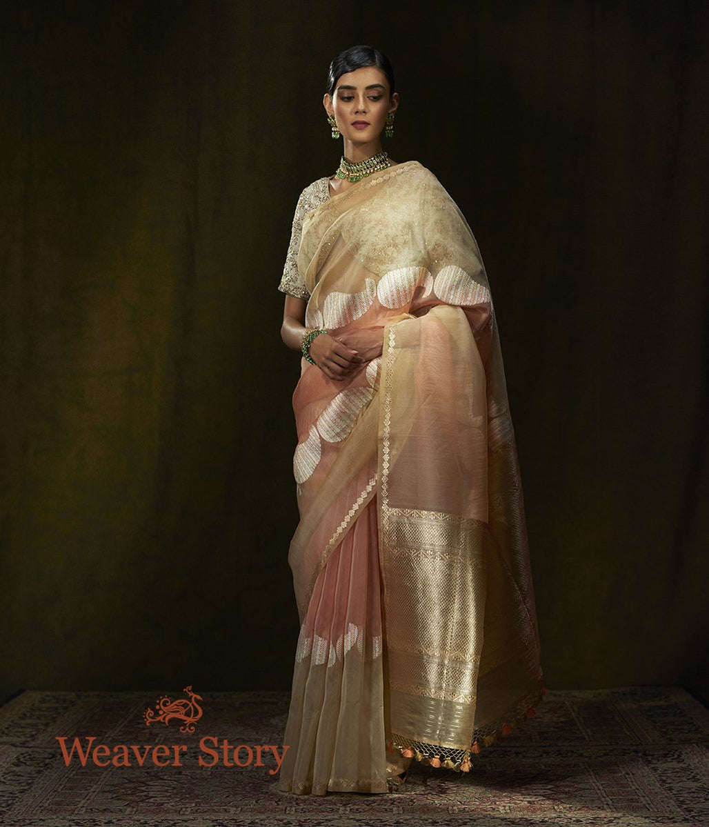 Handwoven_Peach_&_Beige_Kora_Silk_Banarasi_with_Kadhwa_Booti_WeaverStory_02