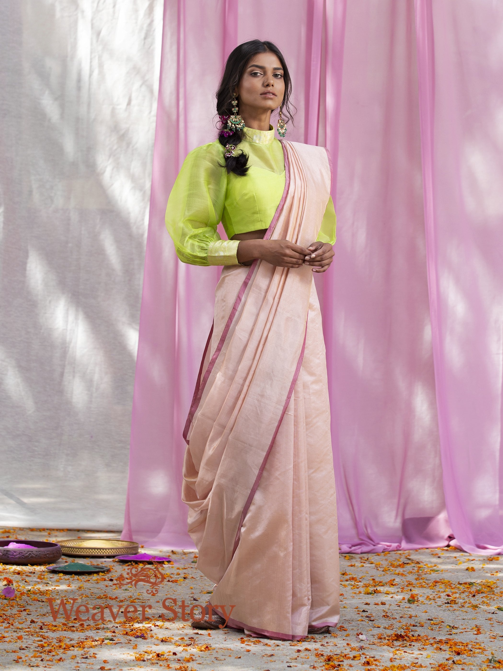 Handwoven_Peach_Tissue_Plain_Chanderi_Saree_WeaverStory_02