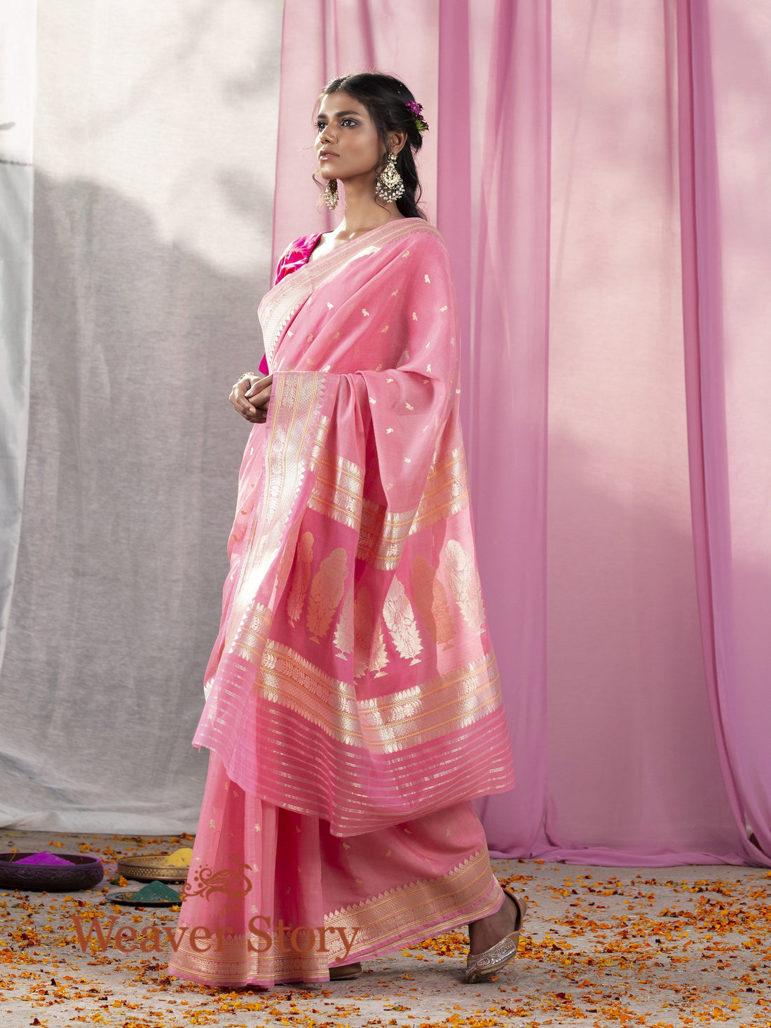 Handwoven_Pink_Banarasi_Cotton_Saree_with_Birds_woven_in_Kadhwa_Weave_WeaverStory_02