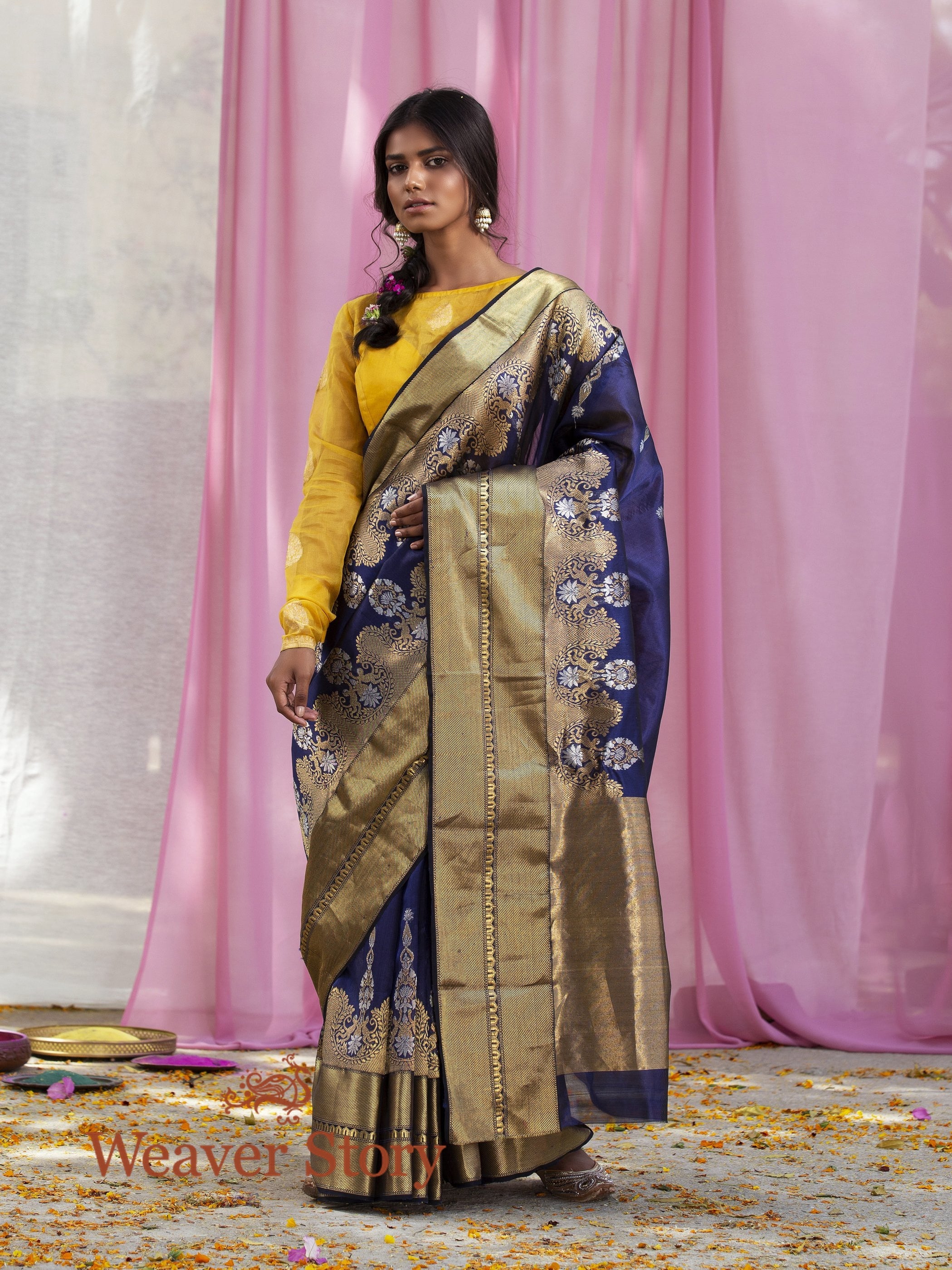 Handwoven_Blue_Chanderi_Silk_Saree_with_Gold_and_Silver_Zari_Border_WeaverStory_02
