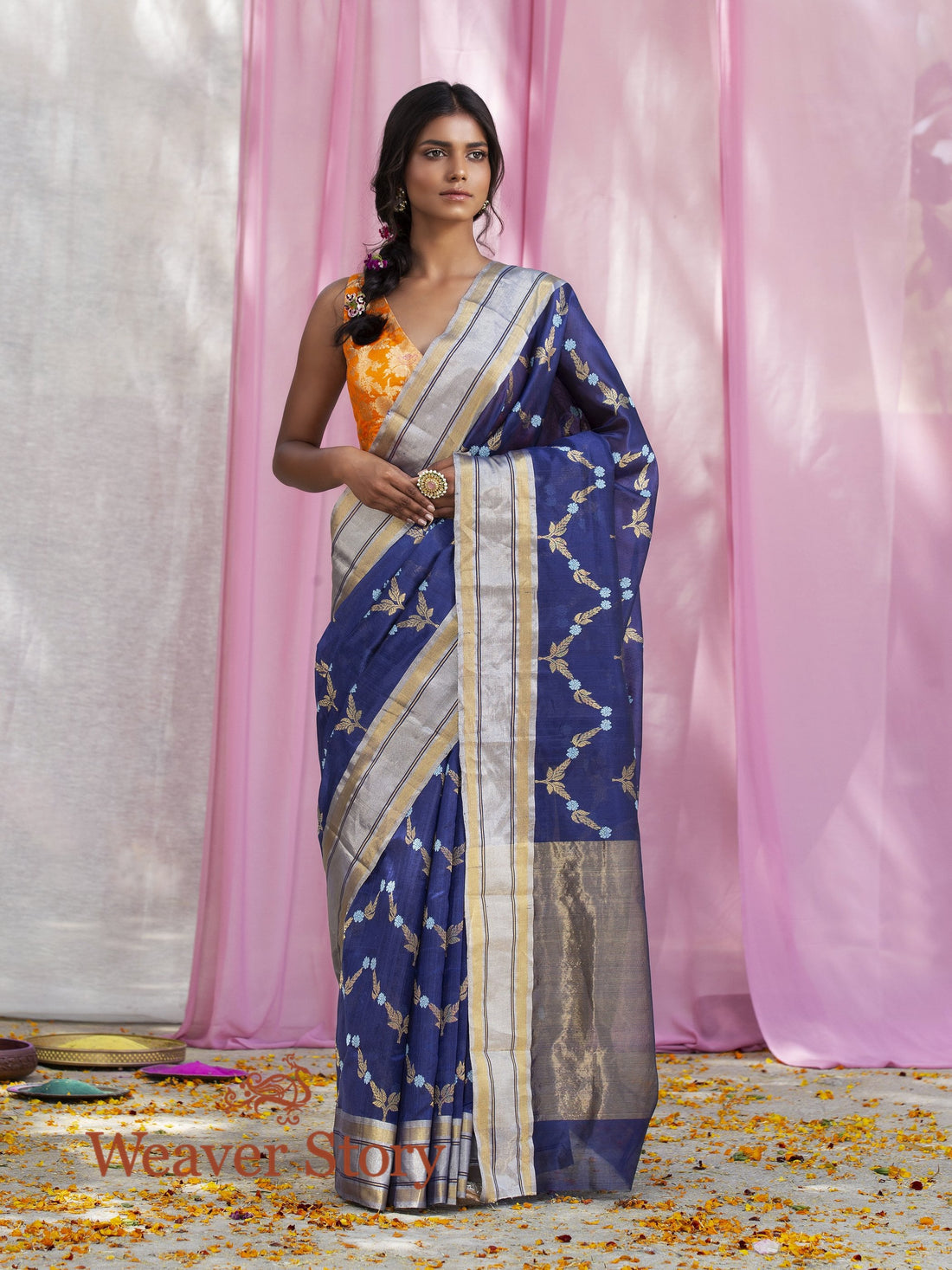 Handwoven_Blue_Chanderi_Silk_Saree_with_Meenakari_Jaal_WeaverStory_02