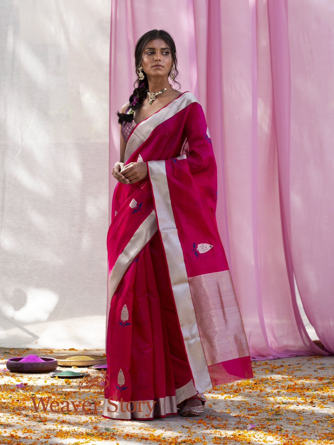Handwoven_Rani_Pink_Chanderi_Saree_with_Blue_Meenakari_WeaverStory_02