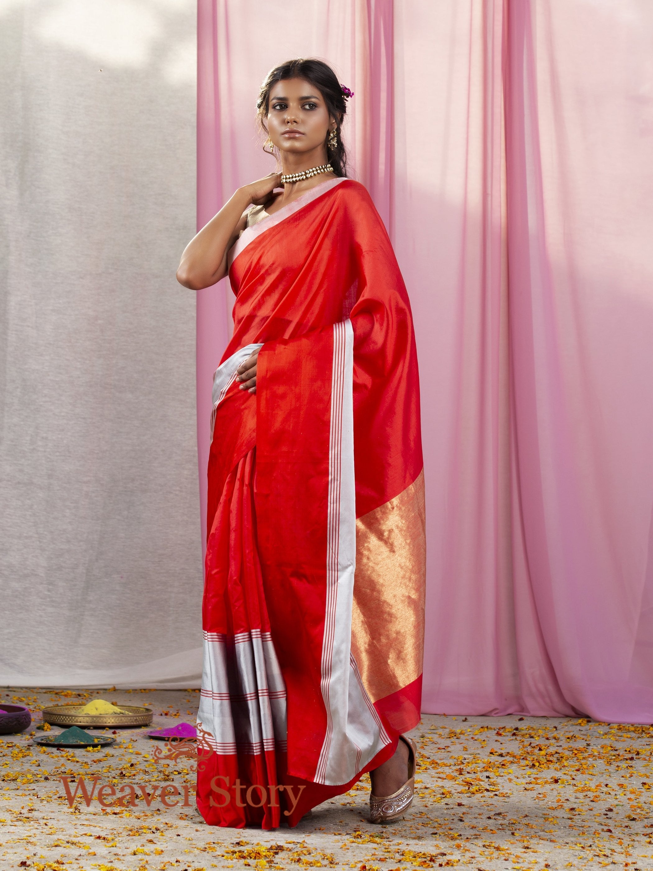 Handwoven_Red_Chanderi_Silk_Saree_with_Mashroo_Silk_Border_WeaverStory_02