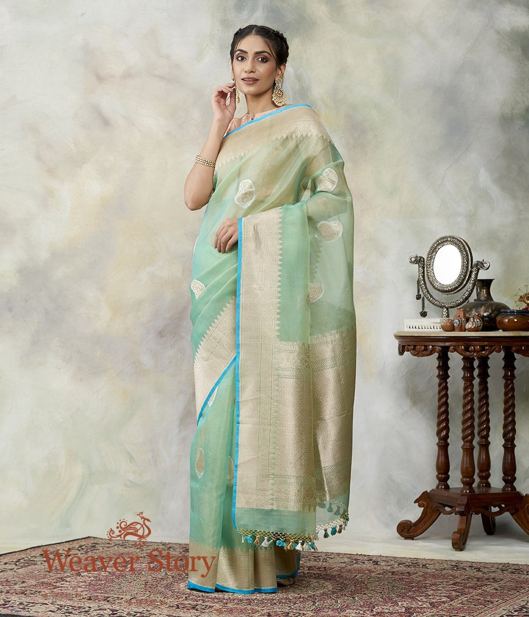 Handwoven_Sea_Green_Kora_Saree_with_Paisley_and_Turquoise_Selvedge_WeaverStory_02