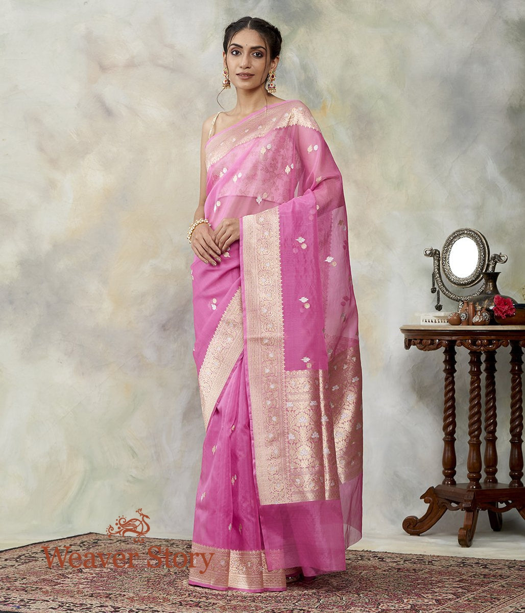 Handwoven_Taffy_Pink_Kora_Silk_Saree_With_Kadhwa_Booti_WeaverStory_02