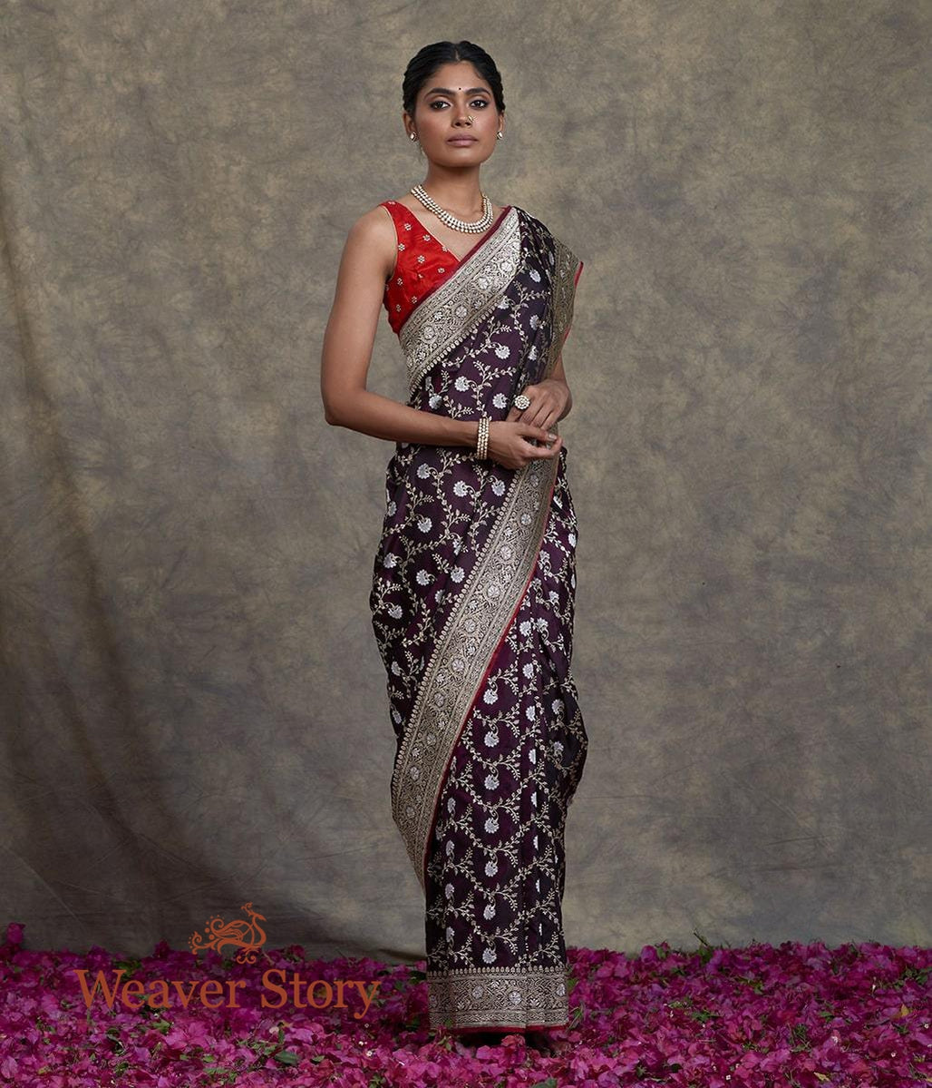 Handwoven_Wine_Black_Bareek_Meenakari_Jaal_Saree_with_Pink_Selvedge_WeaverStory_02