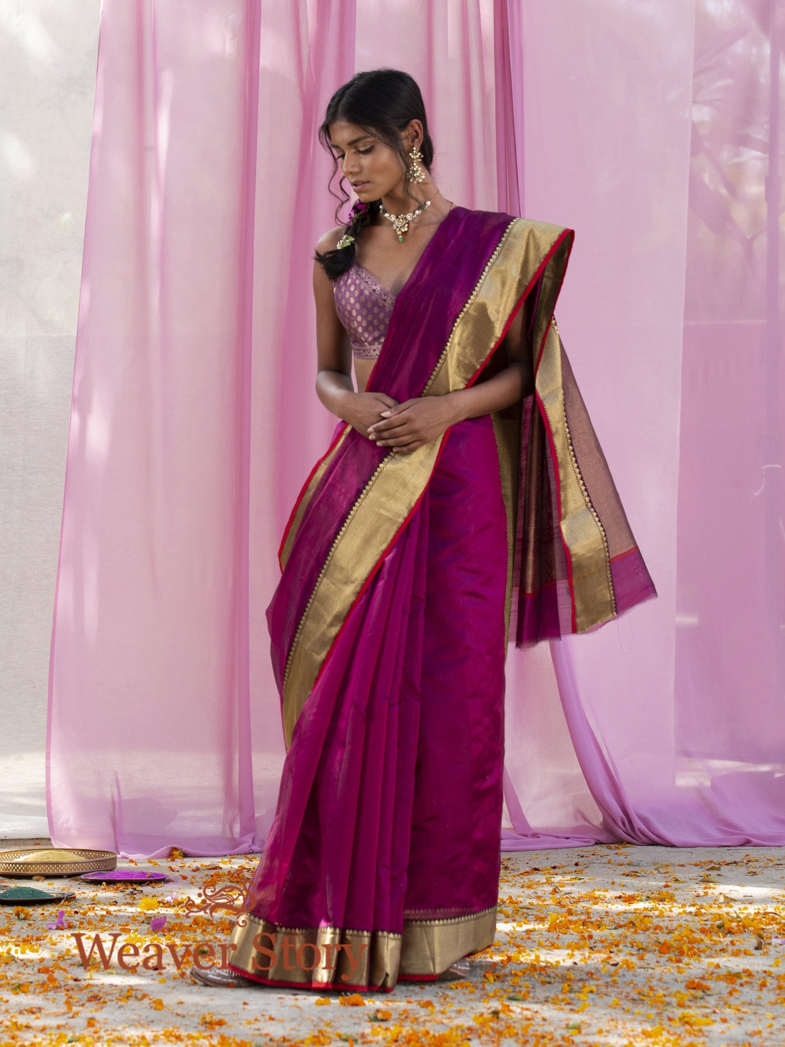 Handwoven_Wine_Plain_Chanderi_Saree_with_Zari_Border_WeaverStory_02
