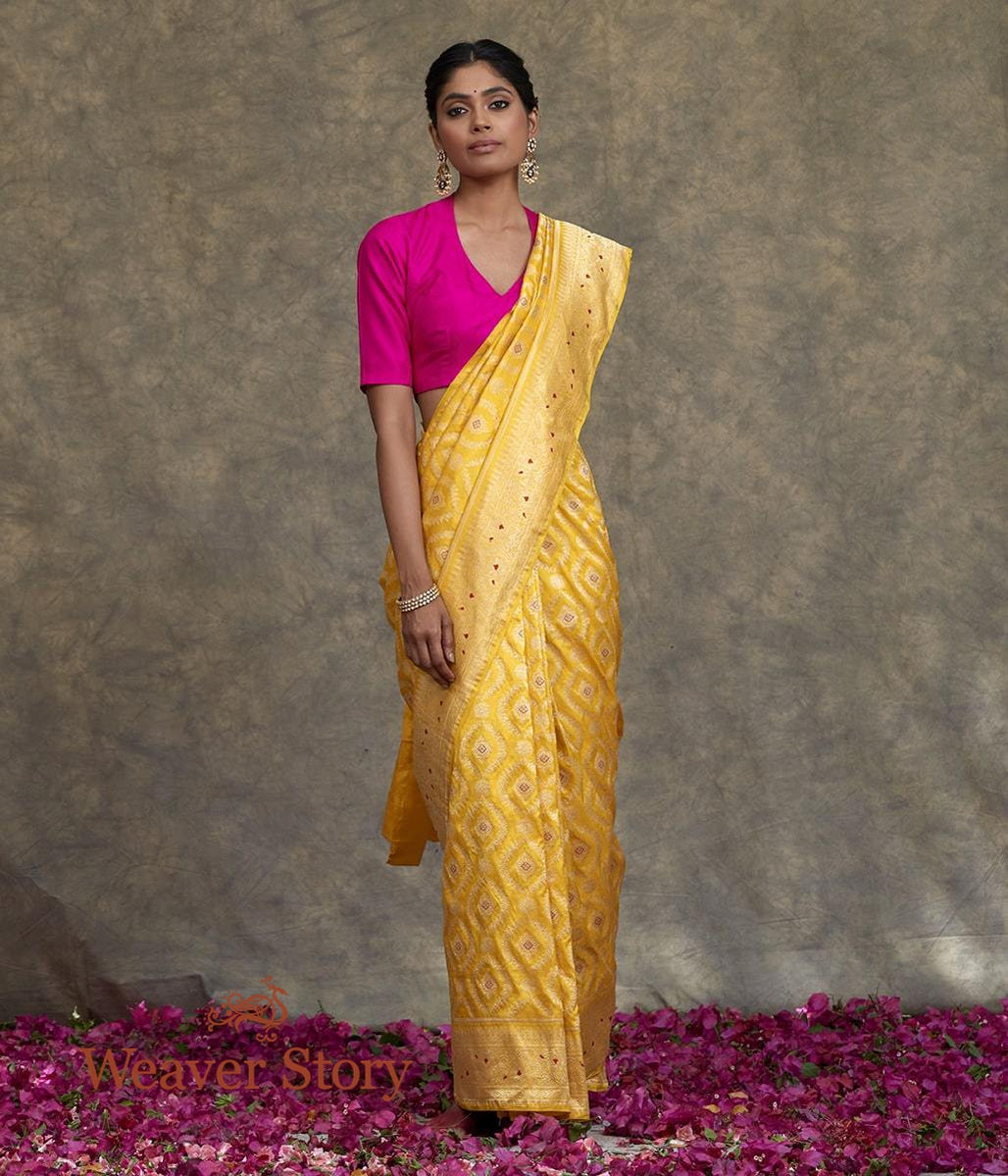 Handwoven_Yellow_Kadhwa_Jangla_Saree_with_Meenakari_WeaverStory_02