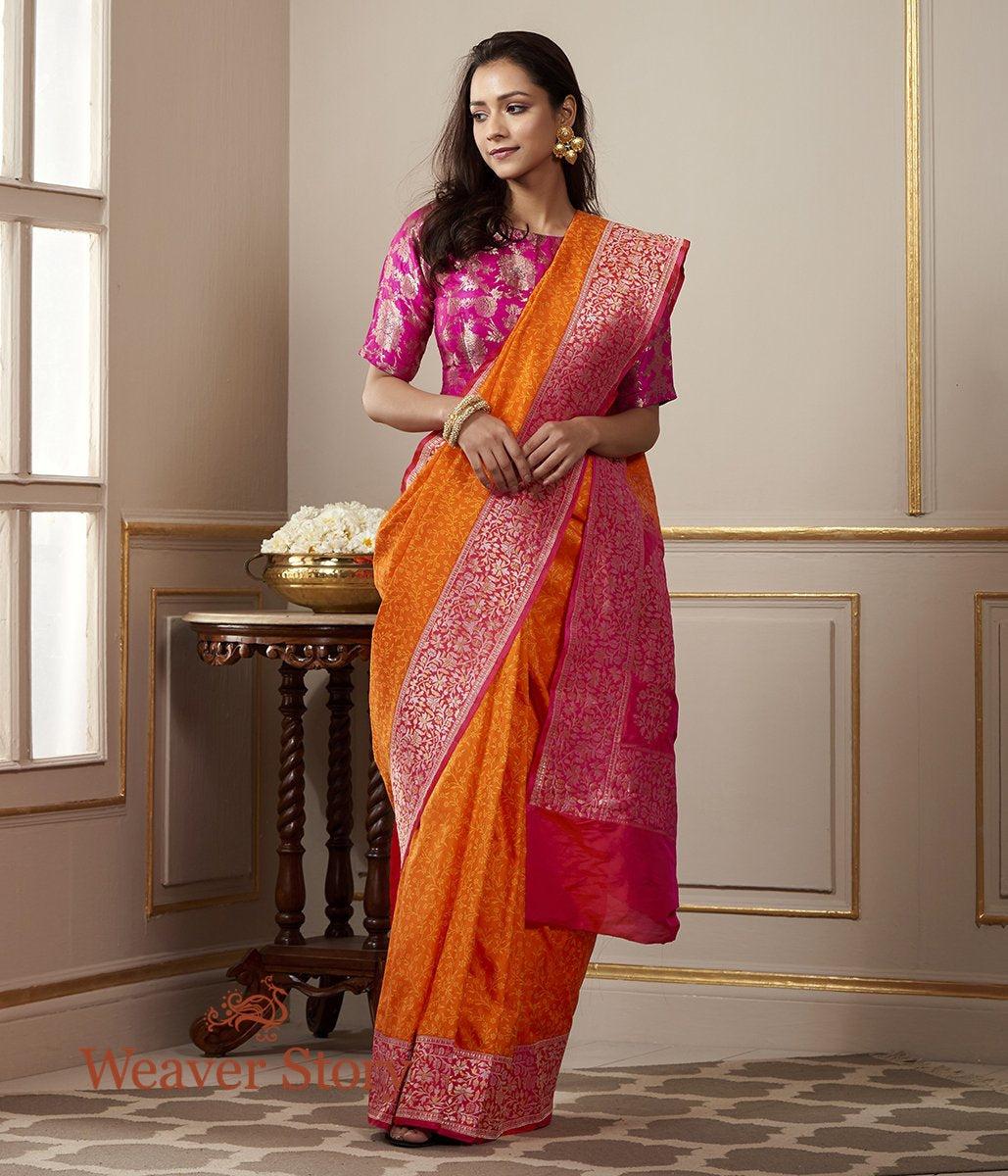 Handloom_Orange_and_Pink_Banarasi_Tanchoi_Saree_with_Kadhwa_Border_with_Woven_Leaf_Motifs_WeaverStory_02