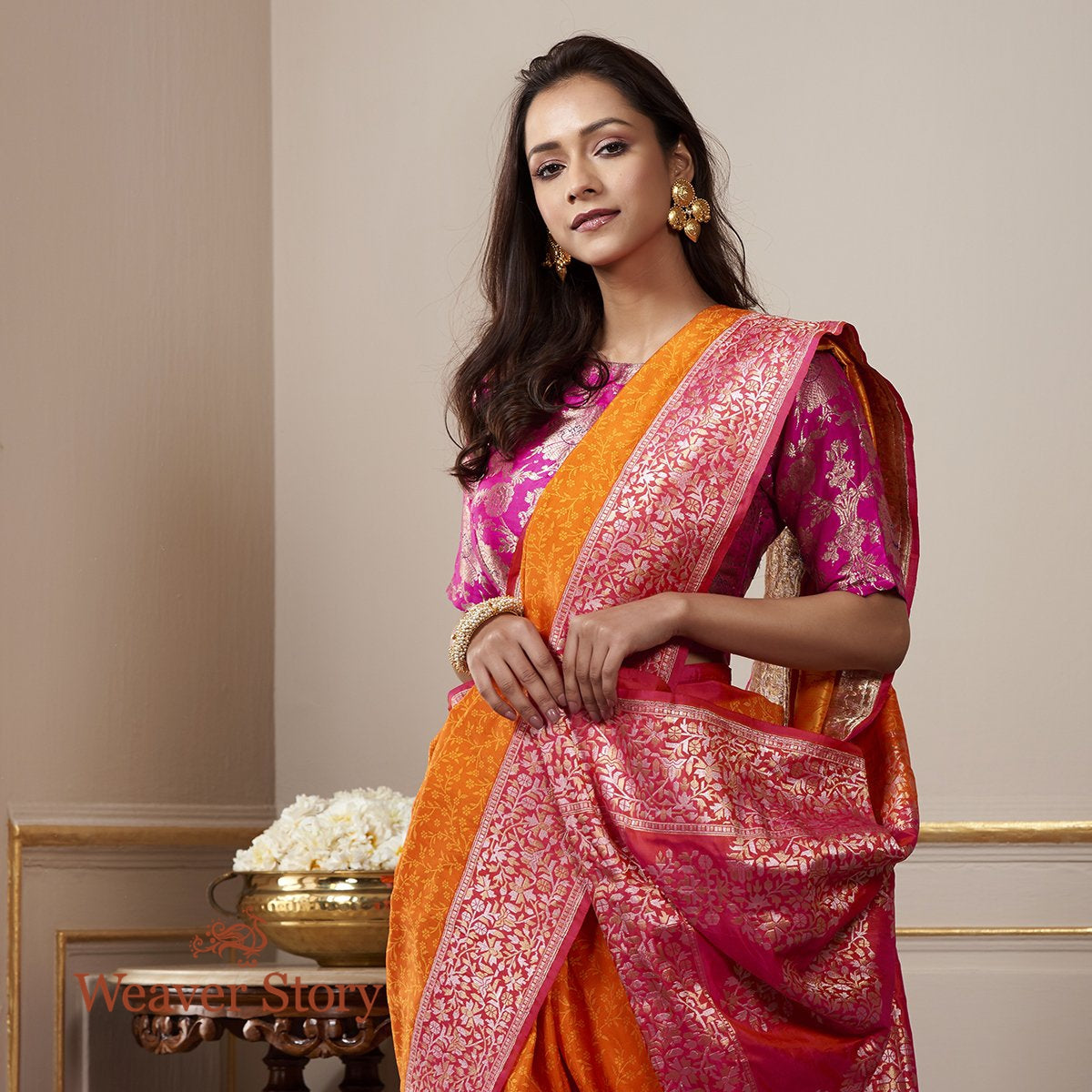 Handloom_Orange_and_Pink_Banarasi_Tanchoi_Saree_with_Kadhwa_Border_with_Woven_Leaf_Motifs_WeaverStory_01