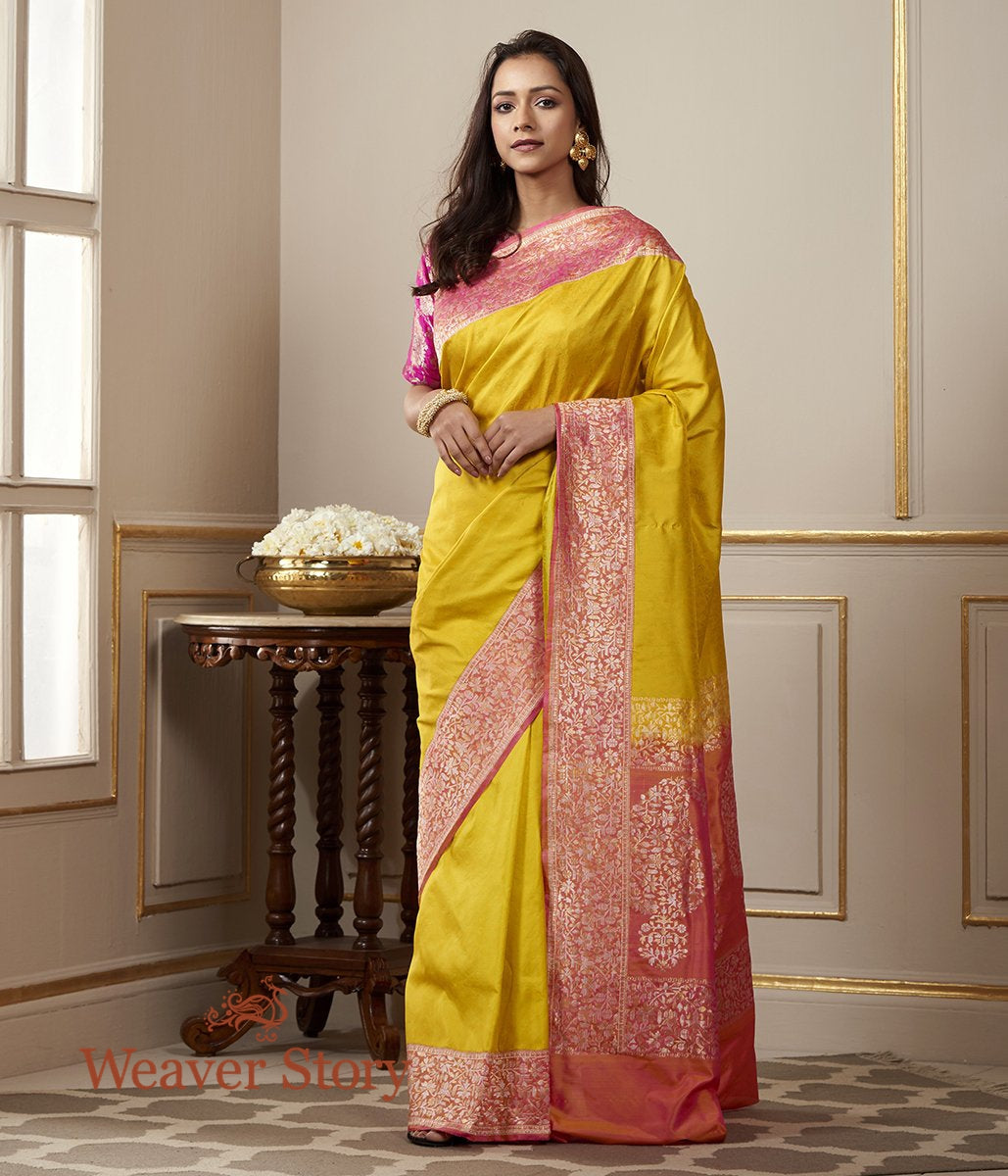 Handwoven_Yellow_Banarasi_Tanchoi_Saree_with_Kadhwa_Border_In_Pink_with_Woven_Leaf_Motifs_WeaverStory_02