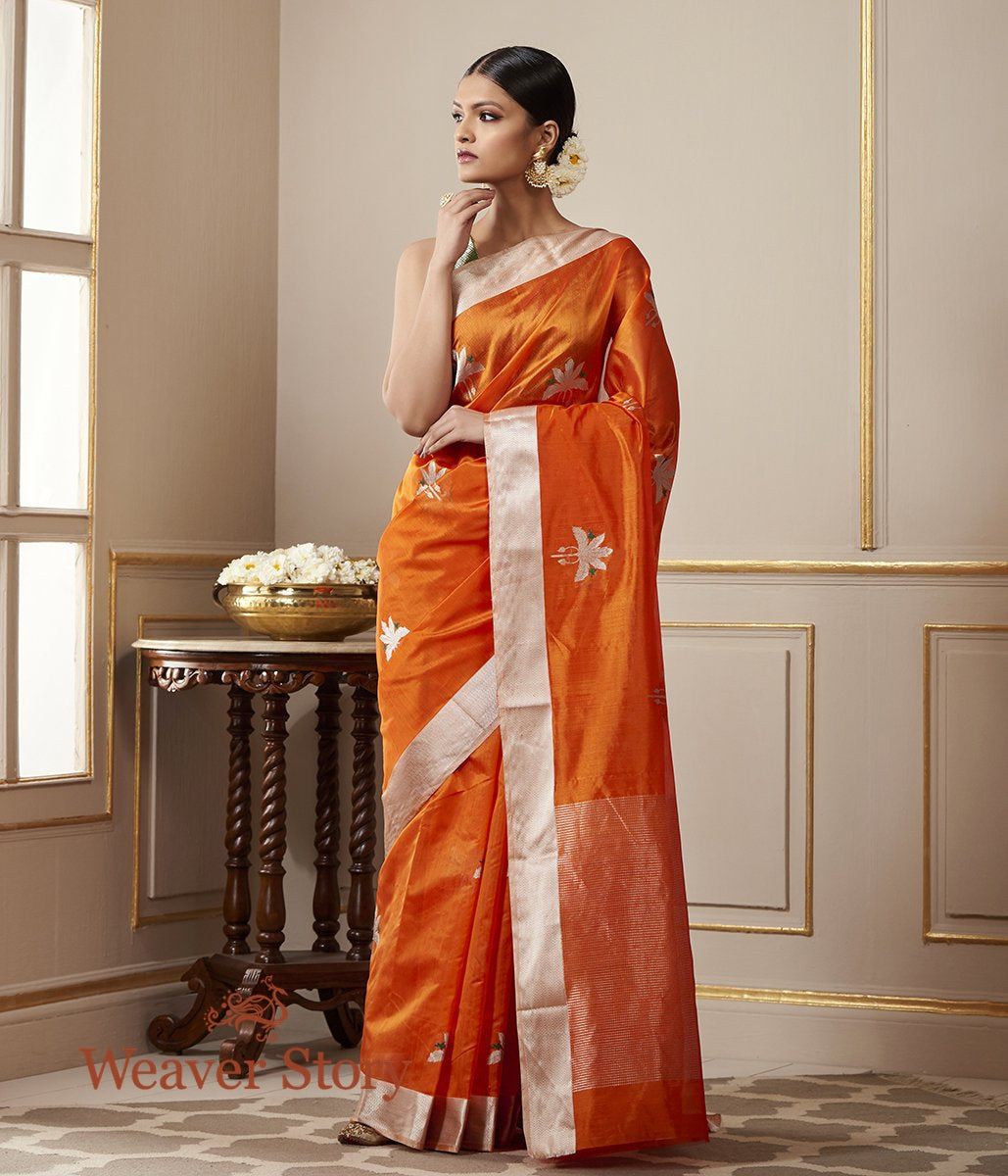 Handwoven_Orange_Chanderi_Silk_Saree_with_Birds_on_a_Tree_WeaverStory_02