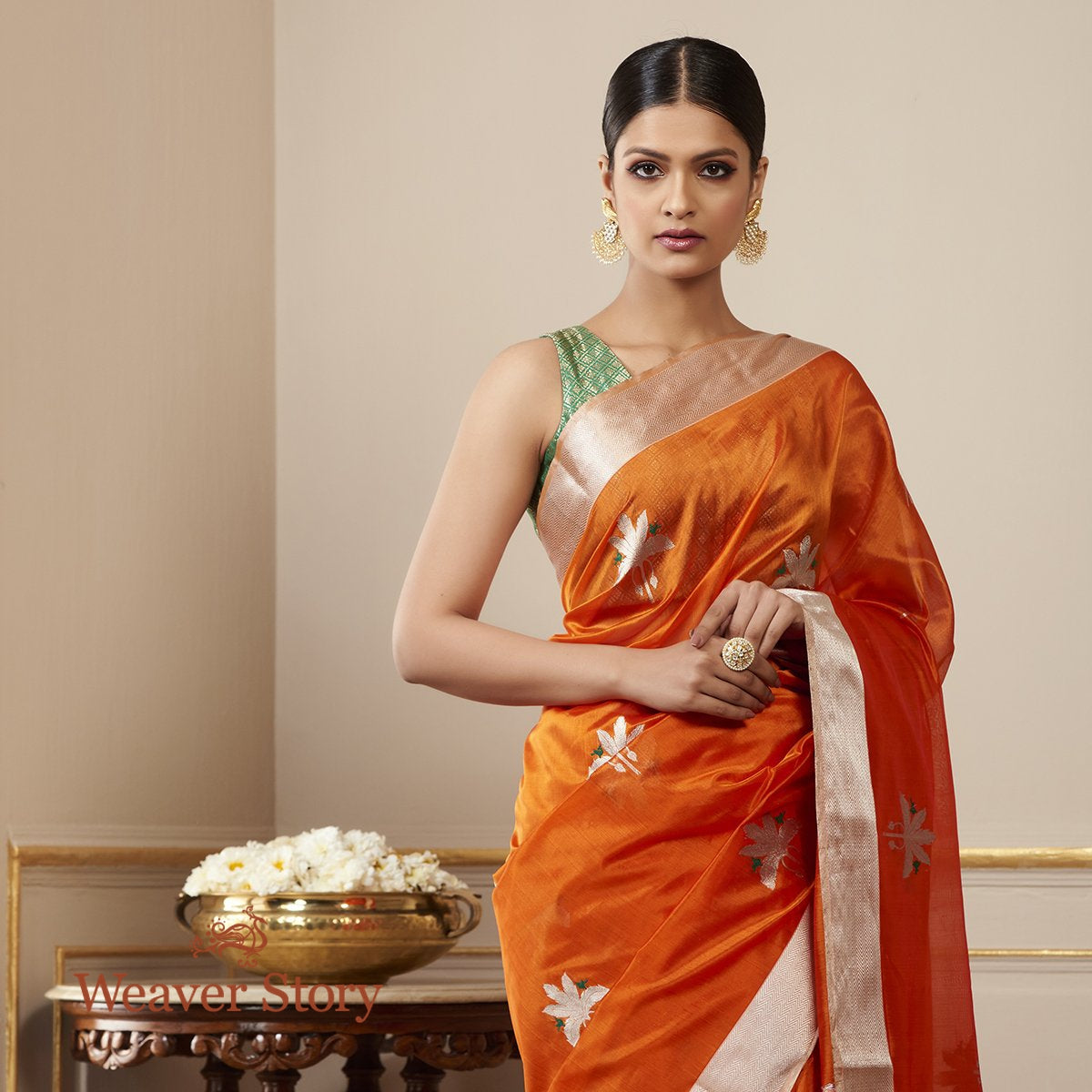 Handwoven_Orange_Chanderi_Silk_Saree_with_Birds_on_a_Tree_WeaverStory_01