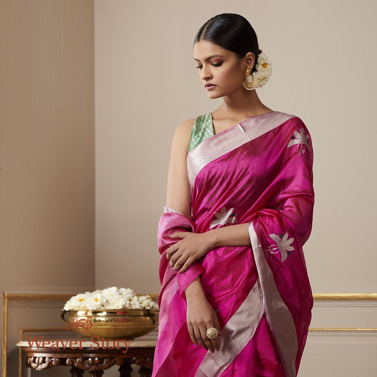 Handwoven_Pink_Chanderi_Silk_Saree_with_Birds_on_a_Tree_WeaverStory_01