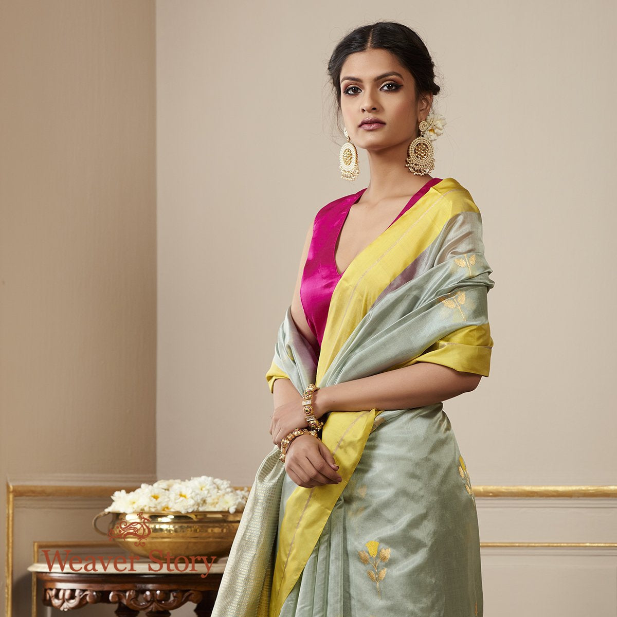 Handloom_Duck_Egg_Blue_Chanderi_Silk_Saree_with_Yellow_Mushroo_Borders_WeaverStory_01