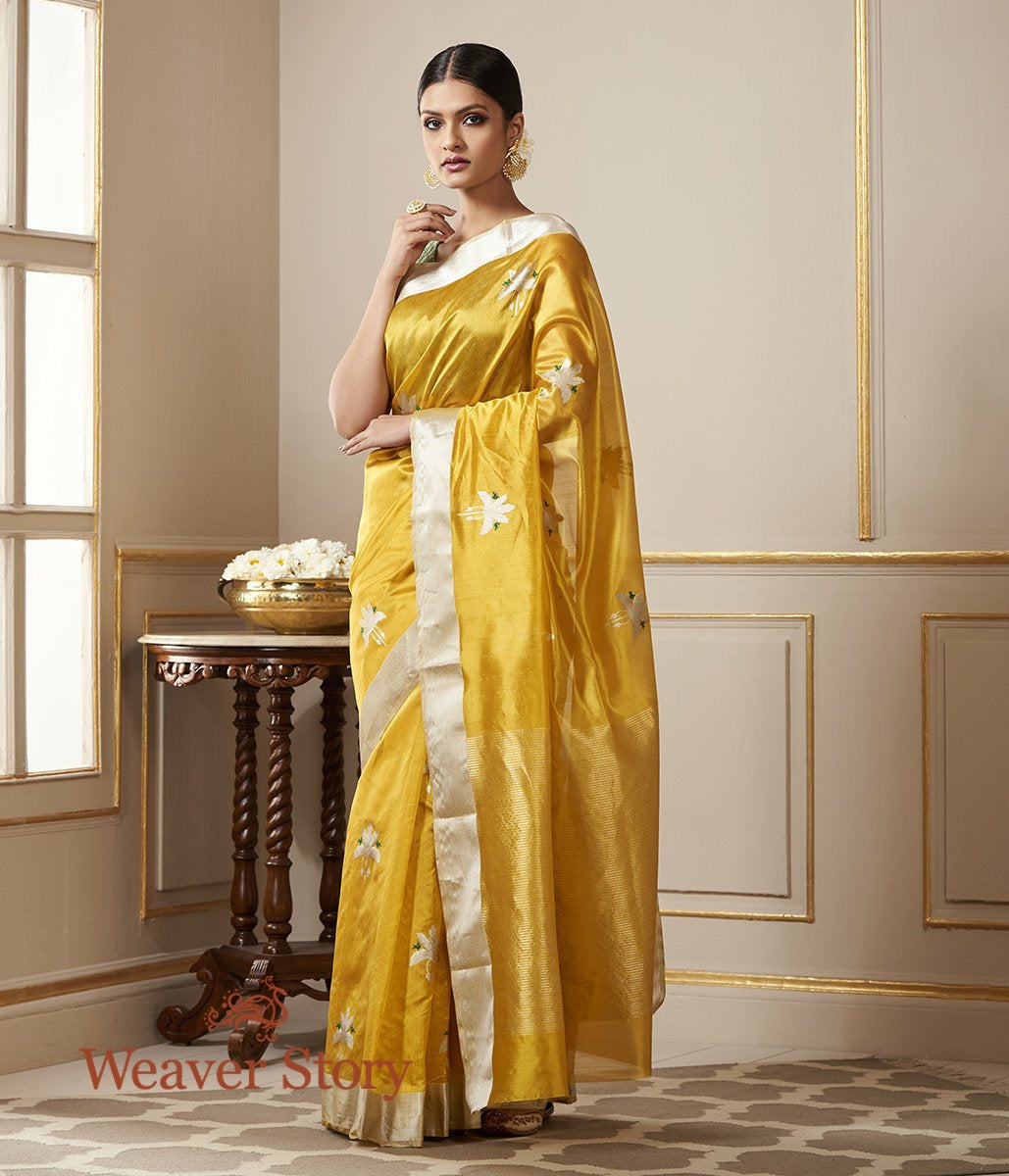 Handloom_Turmeric_Yellow_Chanderi_Silk_Saree_with_Birds_on_a_Tree_WeaverStory_02