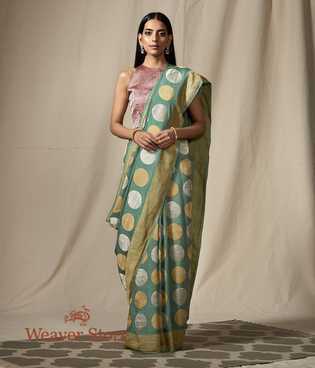 Handloom_Banaarsi_Georgette_Saree_in_Sage_Green_with_Kadhwa_Boota_WeaverStory_02