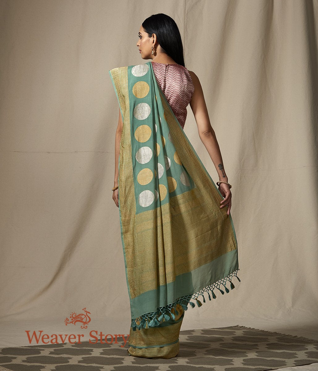 Handloom_Banaarsi_Georgette_Saree_in_Sage_Green_with_Kadhwa_Boota_WeaverStory_03
