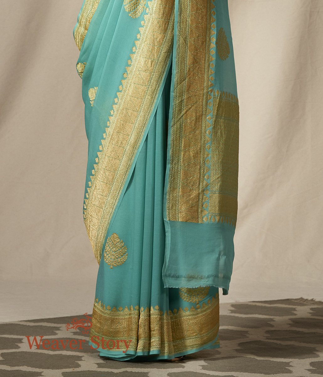 Handloom_Sea_Green_Banarasi_Georgette_Saree_with_Kadhwa_Boota_WeaverStory_04