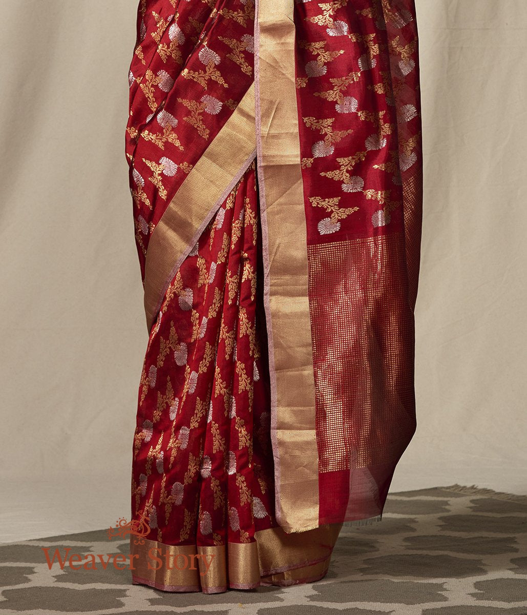 Handloom_Maroon_Chanderi_Silk_Saree_with_Floral_Jaal_WeaverStory_04