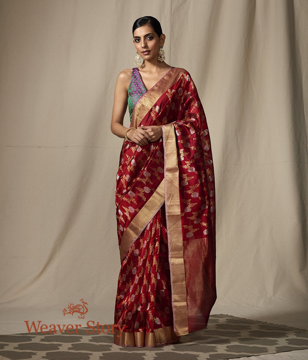 Handloom_Maroon_Chanderi_Silk_Saree_with_Floral_Jaal_WeaverStory_02