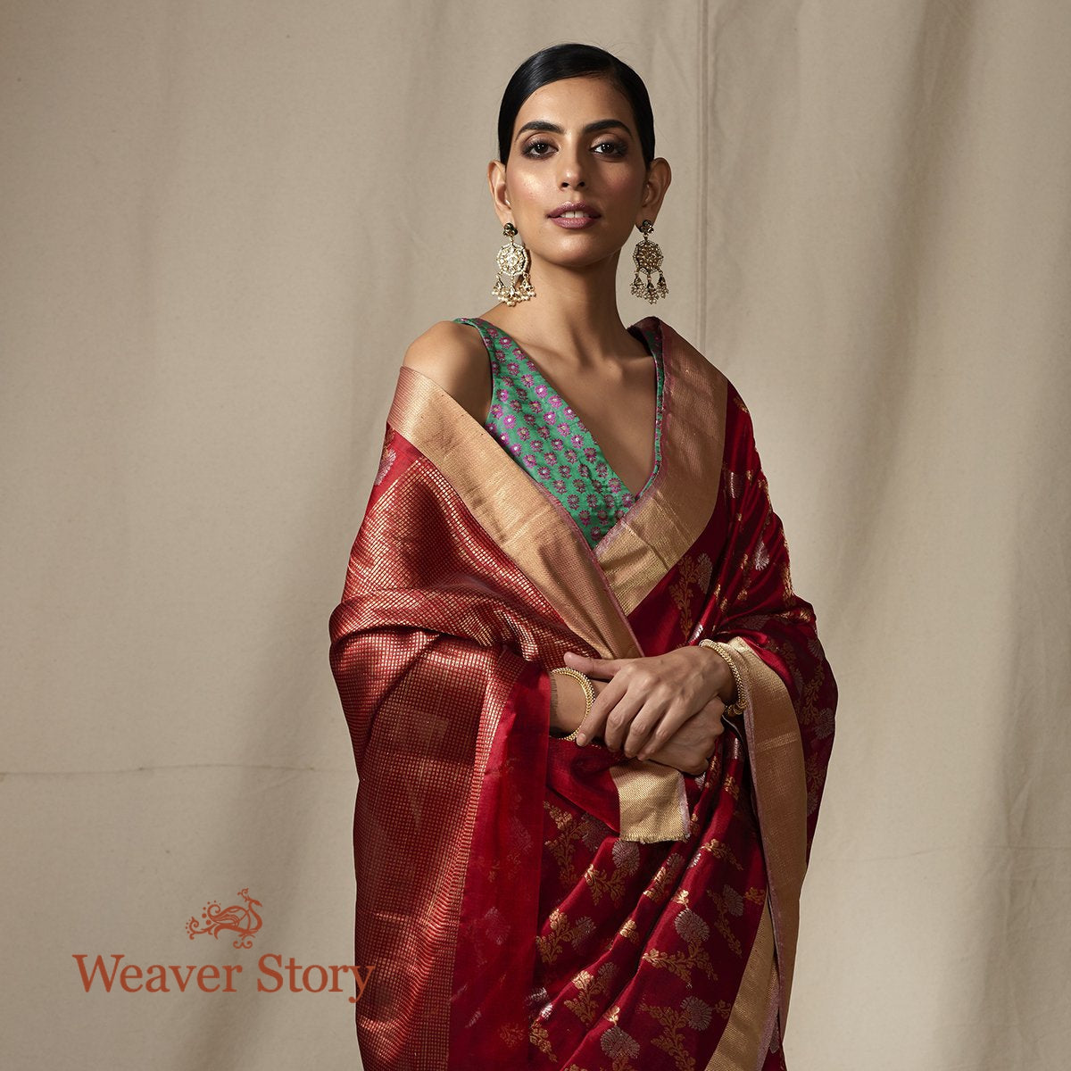 Handloom_Maroon_Chanderi_Silk_Saree_with_Floral_Jaal_WeaverStory_01