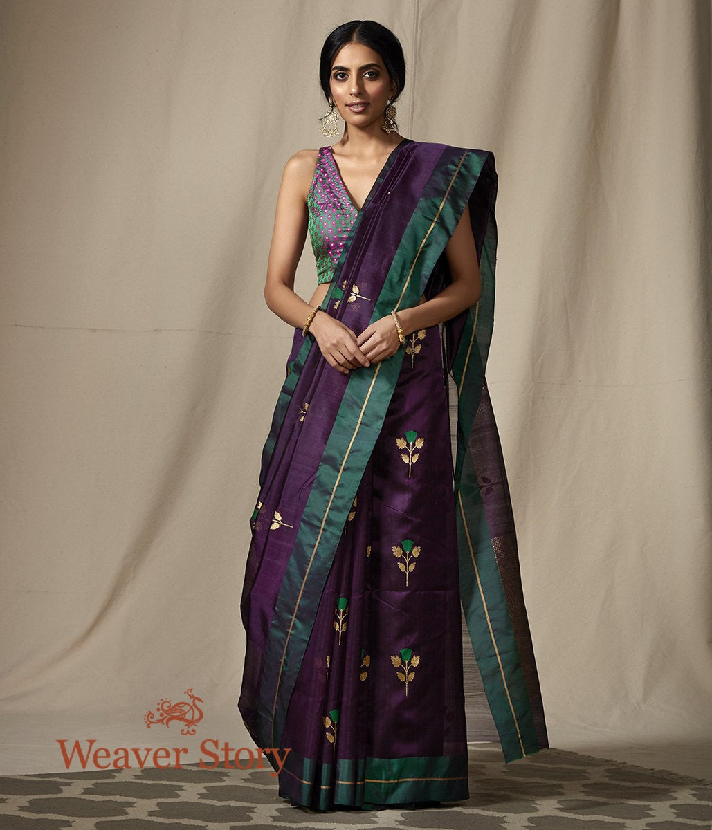 Handwoven_Purple_Chanderi_Silk_Saree_with_Green_Mushroo_Border_WeaverStory_02
