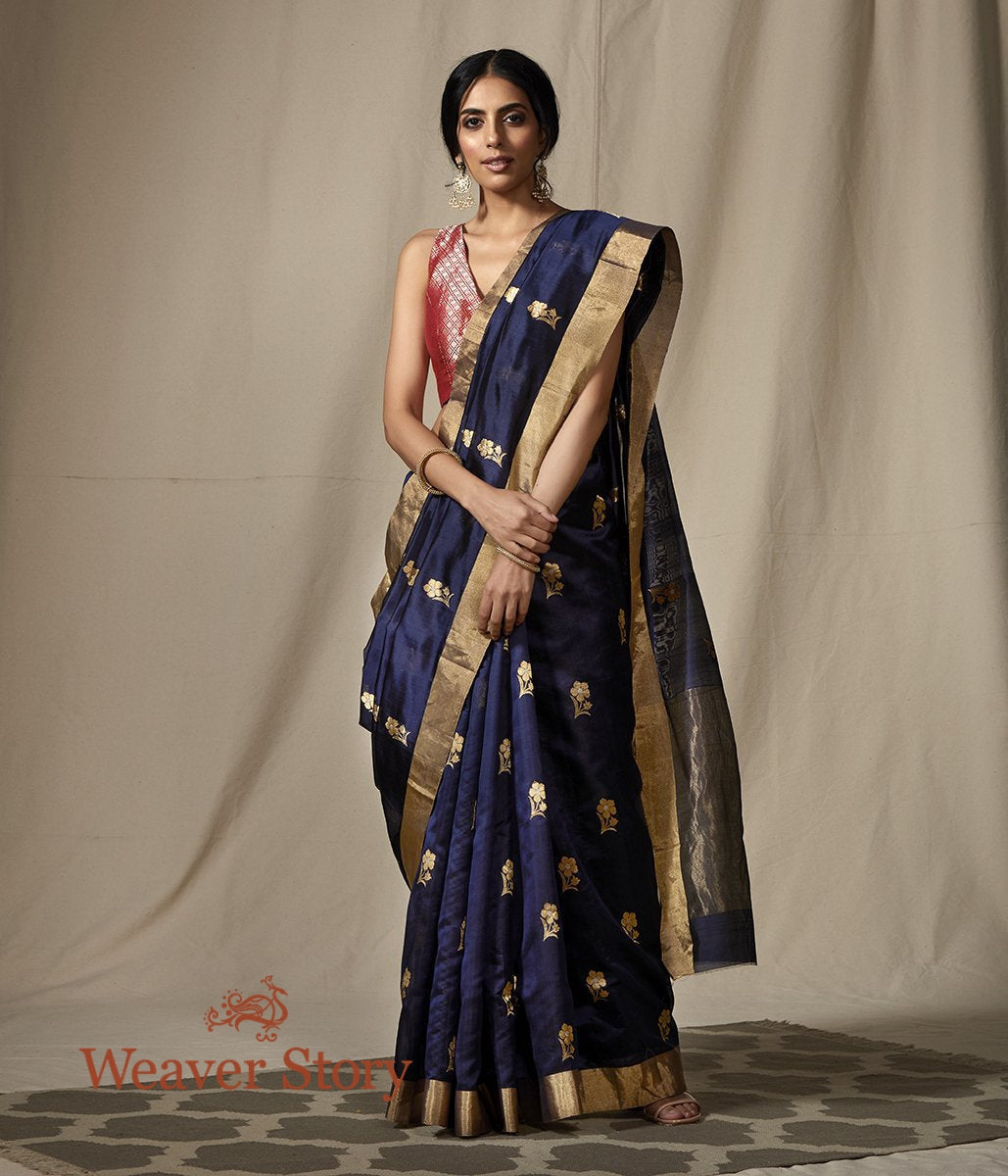 Handwoven_Blue_Chanderi_Silk_Saree_with_Gold_Zari_Floral_Motifs_WeaverStory_02
