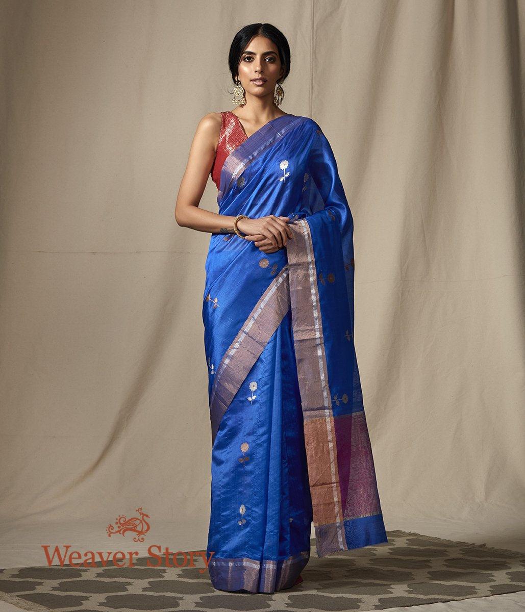 Handwoven_Blue_Chanderi_Silk_Saree_with_Gold_Flower_Motifs_WeaverStory_02