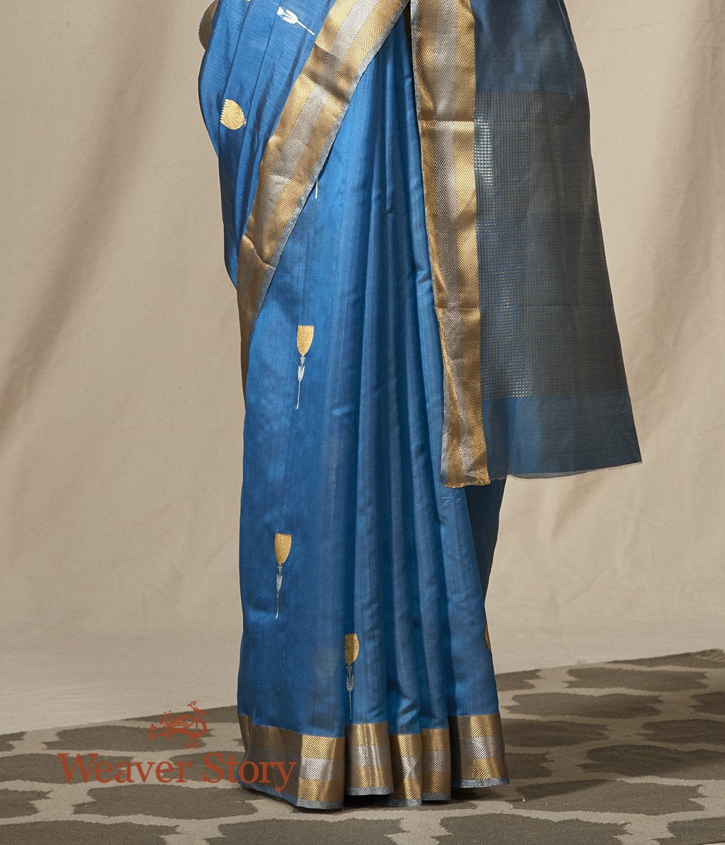 Blue_Chanderi_Silk_Saree_with_Gold_and_Silver_Zari_Boota_with_Meenakari_WeaverStory_04