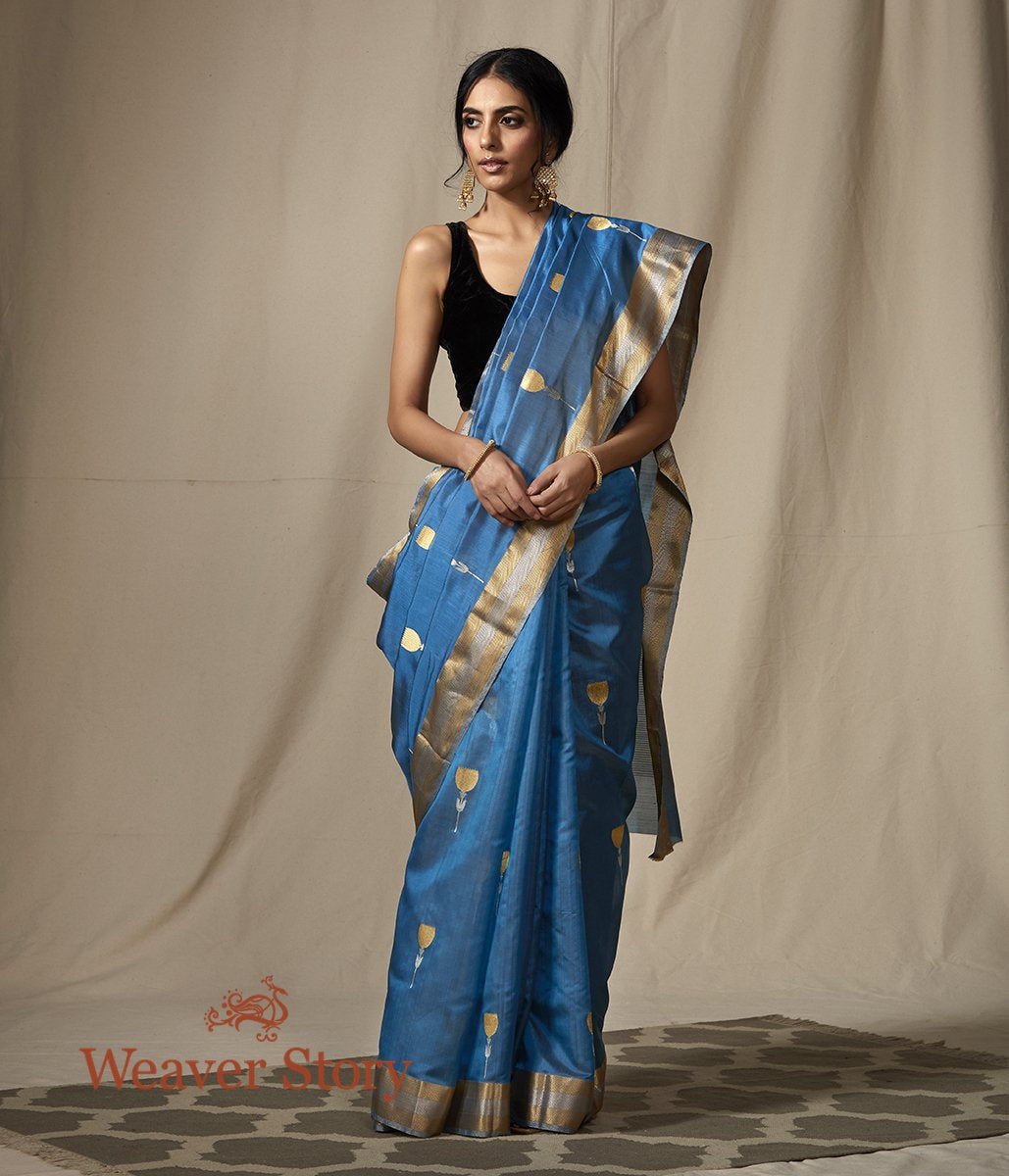 Blue_Chanderi_Silk_Saree_with_Gold_and_Silver_Zari_Boota_with_Meenakari_WeaverStory_02