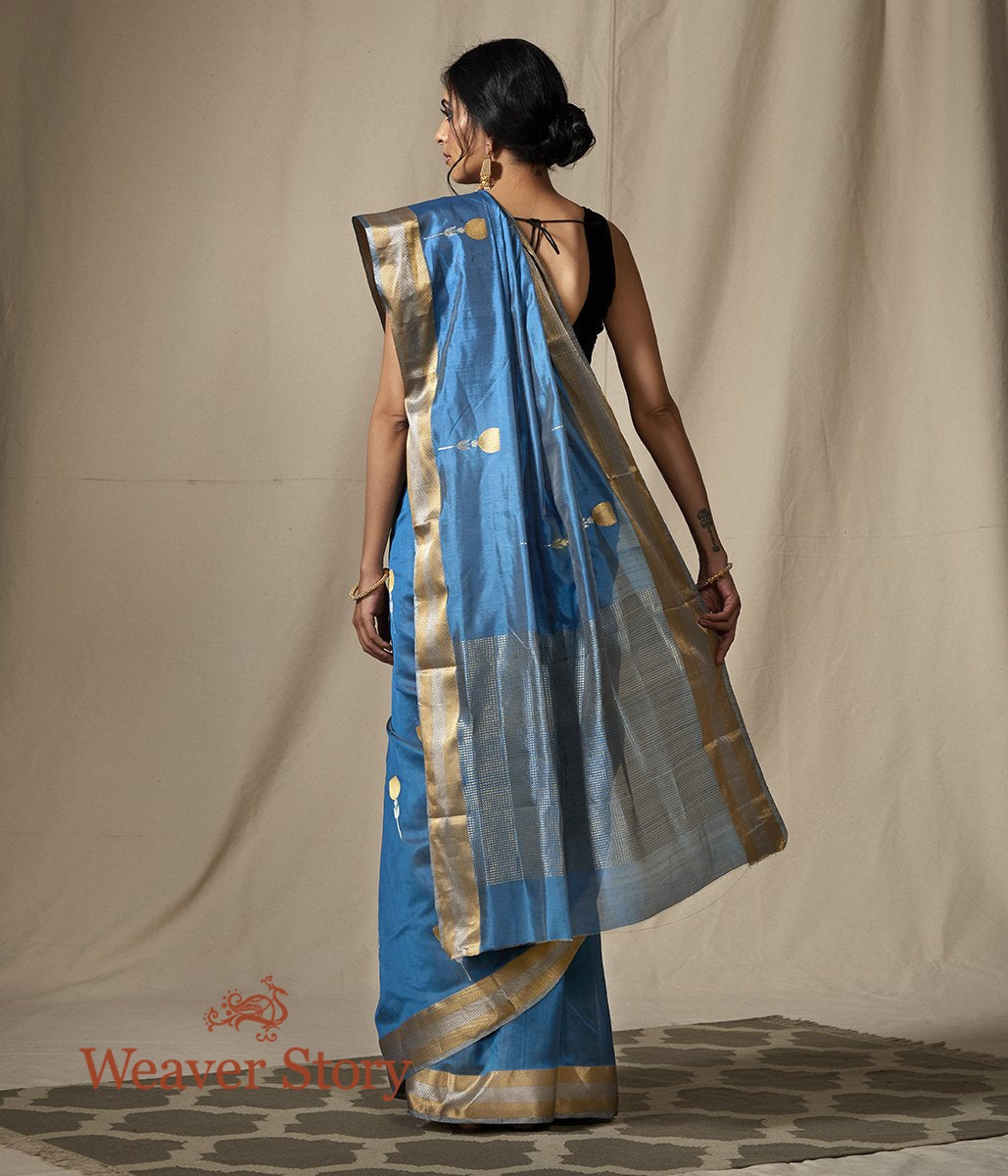 Blue_Chanderi_Silk_Saree_with_Gold_and_Silver_Zari_Boota_with_Meenakari_WeaverStory_03