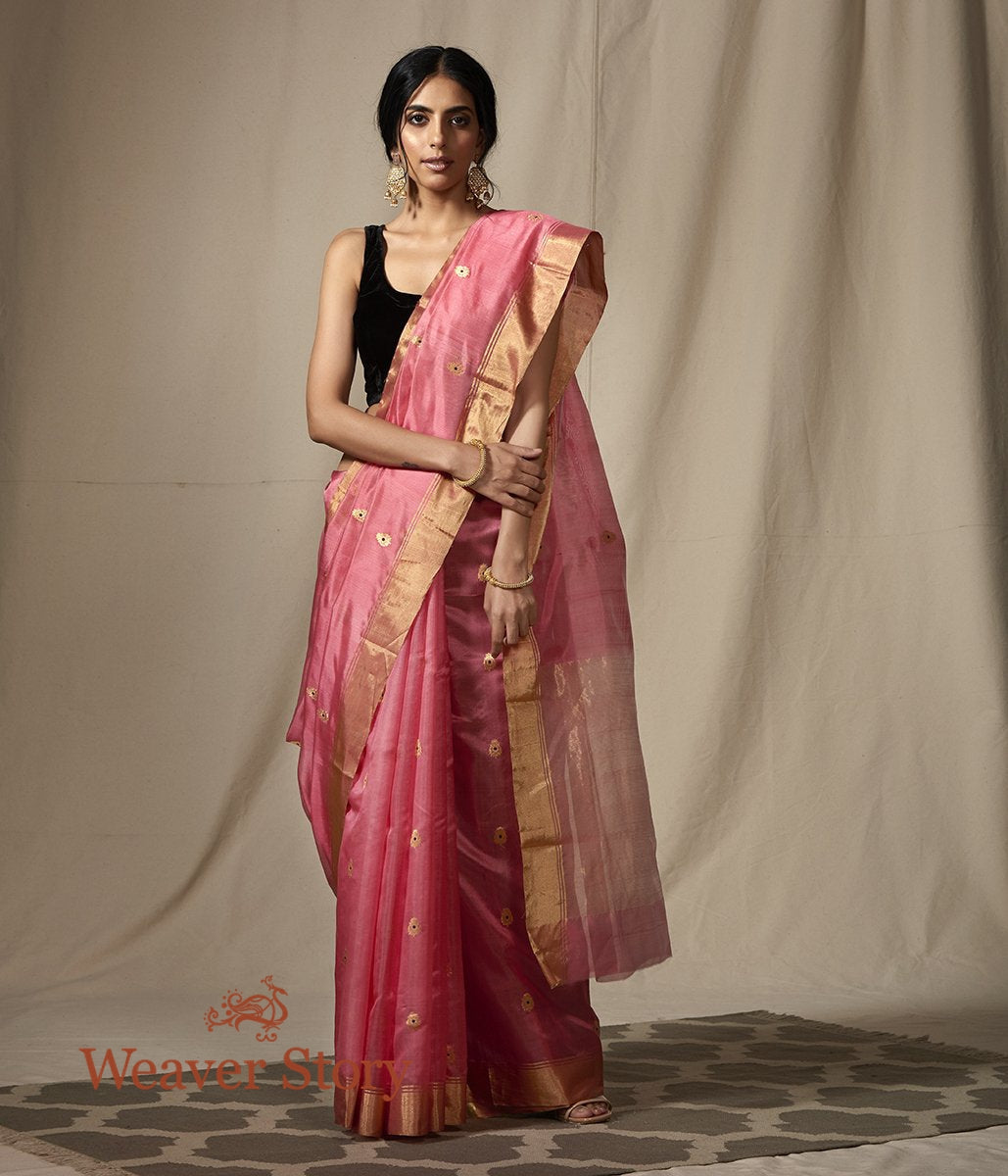 Rose_Pink_chanderi_silk_saree_with_gold_zari_boota_with_meenakari_WeaverStory_02