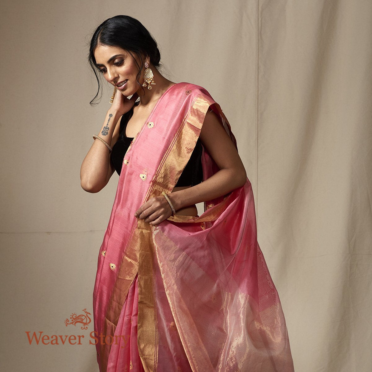 Rose_Pink_chanderi_silk_saree_with_gold_zari_boota_with_meenakari_WeaverStory_01