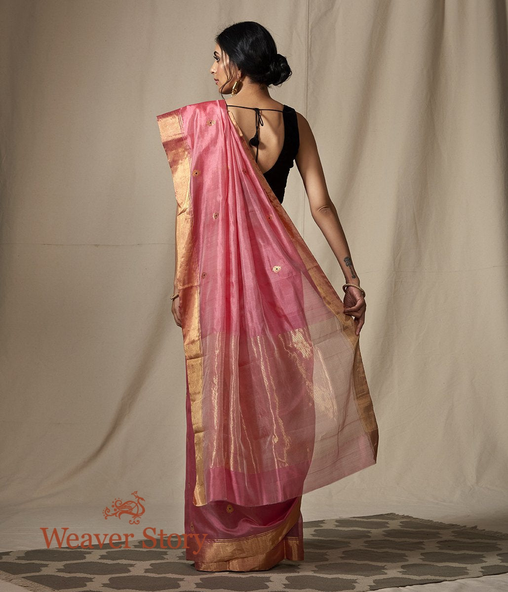 Rose_Pink_chanderi_silk_saree_with_gold_zari_boota_with_meenakari_WeaverStory_03