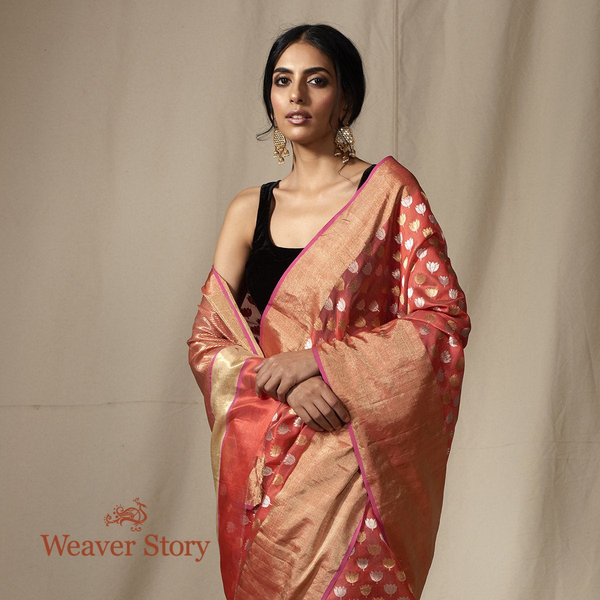 Orange_Chanderi_Silk_Saree_with_Gold_and_Silver_Zari_Boota_WeaverStory_01